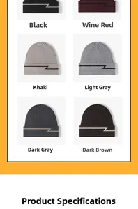 Close-up of knit beanies in six colors featuring geometric lightning patterns and ribbed cuffs