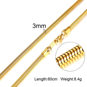 Detail of 3mm gold stainless steel snake chain showing 60cm length and 18K engraving