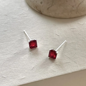 Square red zircon stud earrings in 925 sterling silver with four-prong setting