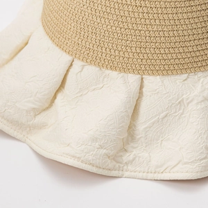 Women's summer straw sun hat with breathable bow and wide pleated white fabric brim