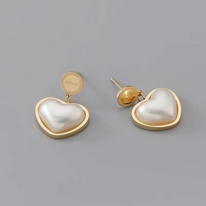 Elegant gold interlinked heart earrings with white pearl inlay and Love engraving