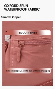 Detail showing waterproof dark pink oxford fabric with water droplets and branded zipper