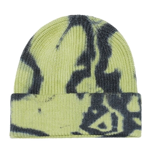 Detail of ribbed knit beanie with neon yellow and grey marble tie-dye texture