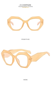 Detail view of champagne polygonal geometric glasses frames from front and side angles