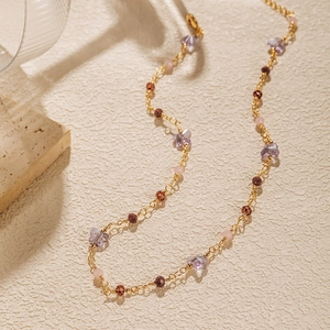 Exotic 18K gold plated beaded necklace with purple butterfly and colorful stone charms