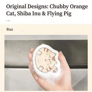 Cartoon orange cat wood pulp sponge for dishwashing that expands when wet