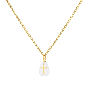 Detail of white water drop pendant with golden cross on a fine stainless steel chain