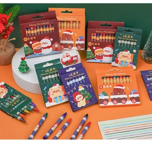 Detailed view of Christmas themed 12-color crayon set with festive holiday packaging