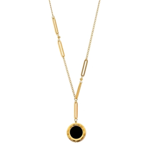 Elegant gold titanium steel necklace featuring a Roman numeral pendant with black center