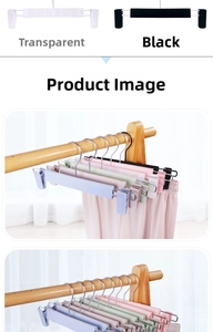 Detail view of adjustable non-slip pant hangers with sliding metal clips in various colors