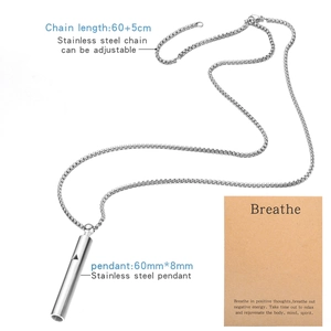 Detailed view of 528 Hz breathing whistle pendant with adjustable chain and size specs