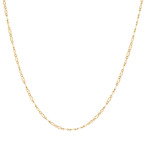 Detail shot of the golden Figaro chain necklace showcasing the polished links and texture