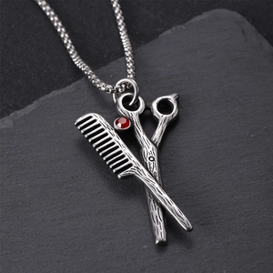 Barber Scissors Comb Pendant Necklace Stainless Steel Hip Hop Punk Gothic Rock Jewelry For Men Birthday Gift Accessory