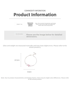 Detailed size chart of the heart bracelet with zircon material and dimensions in silver