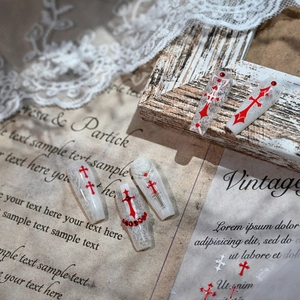 Gothic red cross and white lace nail stickers with 3D relief on long coffin shapes