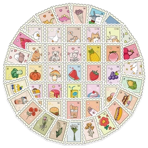 Set of 50 cute cartoon stamp stickers with hand-drawn animal and fruit patterns for DIY