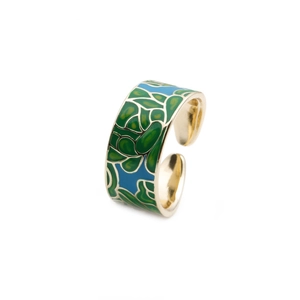 Gold plated geometric open ring featuring green and blue enamel leaf patterns on white background