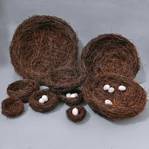 Handwoven rattan bird nest set with realistic eggs for Easter window display decoration