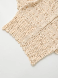 Close-up of cream knit cardigan featuring intricate hollow crochet and scalloped hem