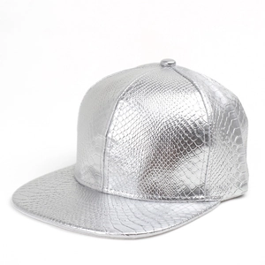 Silver snakeskin embossed flat brim hip hop cap with metallic finish and six-panel crown