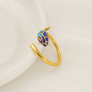 Golden stainless steel open ring with blue and purple enamel heart flower bud design