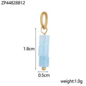 Detailed view showing dimensions of light blue stone bead pendant with gold ring