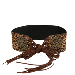Leopard print wide waist cincher belt with vintage metal rivets and suede tassels