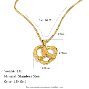 18K gold plated stainless steel pretzel heart necklace with dimensions and chain length