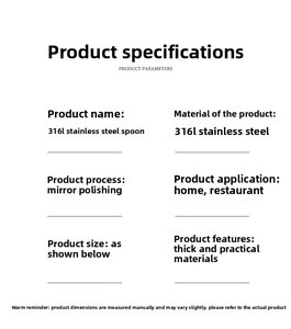 Specifications chart for 316L stainless steel spoon with polished finish and dimensions