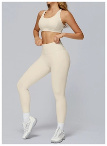 Close-up of high-elasticity matte yoga set showing breathable back and shaping fit