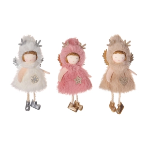 Three plush Christmas angel ornaments with antlers and sequins for tree decoration