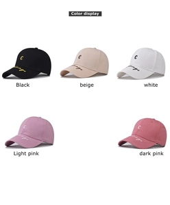 Detail of five colored cotton baseball caps with C letter and Chicago embroidery