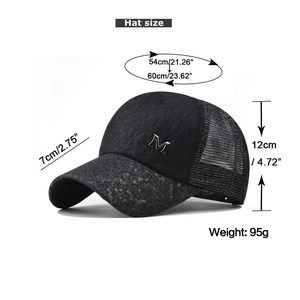 Size chart for black mesh baseball cap with metal M logo and adjustable head circumference