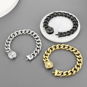 Hip hop CNC diamond round buckle NK chain necklace in silver, gold, and black steel