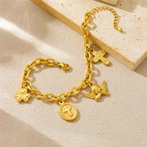 Vintage gold plated stainless steel bracelet with cross and angel charms on stone