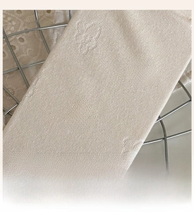 Detail view of reinforced heel on cream knitted socks with cute floral patterns