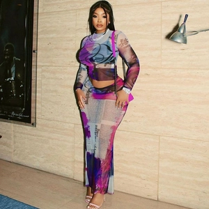Women Mesh Newspaper Print Long Sleeve Crop Top And Bodycon Maxi Skirt Sheer Sexy Streetwear Outfit