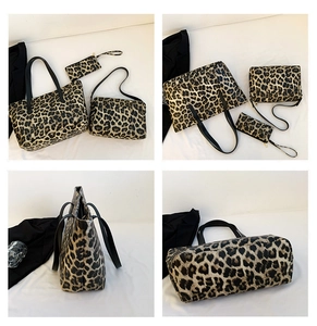 Three-piece leopard print tote bag set including crossbody bag and small pouch