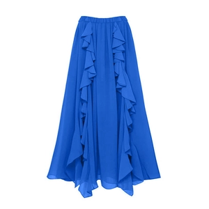 Detail of royal blue chiffon maxi skirt with double ruffle trim and flared hemline