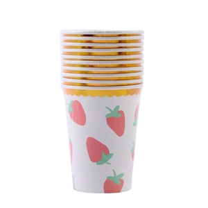 Stack of strawberry print paper cups with gold scalloped edges for birthday party picnic
