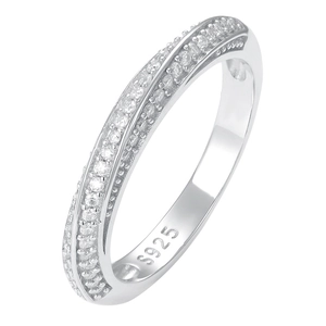S925 sterling silver Mobius ring featuring pavé moissanite diamonds on a polished band