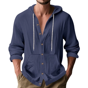 Men's navy blue linen hooded long sleeve shirt with drawstring and kangaroo pocket