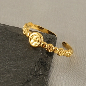 Vintage 18k gold plated stainless steel open ring with floral relief and hammered texture
