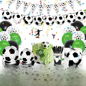 Set of football party supplies including balloons, plates, napkins, and birthday banner