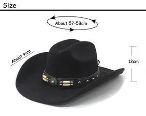 Size chart showing circumference, brim width, and height of the suede cowboy hat
