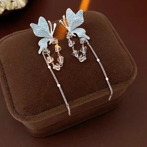 Détail de boucles d'oreilles papillon en argent avec perles de cristal sur velours