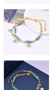 Detail of bohemian gold layered anklet with turquoise beads and evil eye star charms