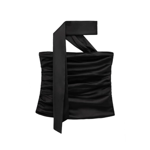 Elegant black satin strapless top with ruched texture and versatile long neck tie