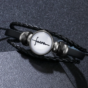 Braided black leather faith bracelet with round glass charm and metallic beads