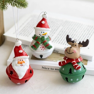 Christmas Resin Santa Claus Snowman Reindeer Hanging Bell Ornaments Iron Hollow Star Bell Decoration For Holiday Tree Home Decor